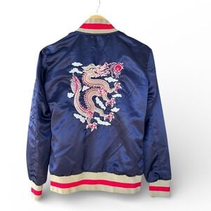 Women's‎ Satin Dragon Embroidered Bomber Jacket S Navy Blue Full Zip